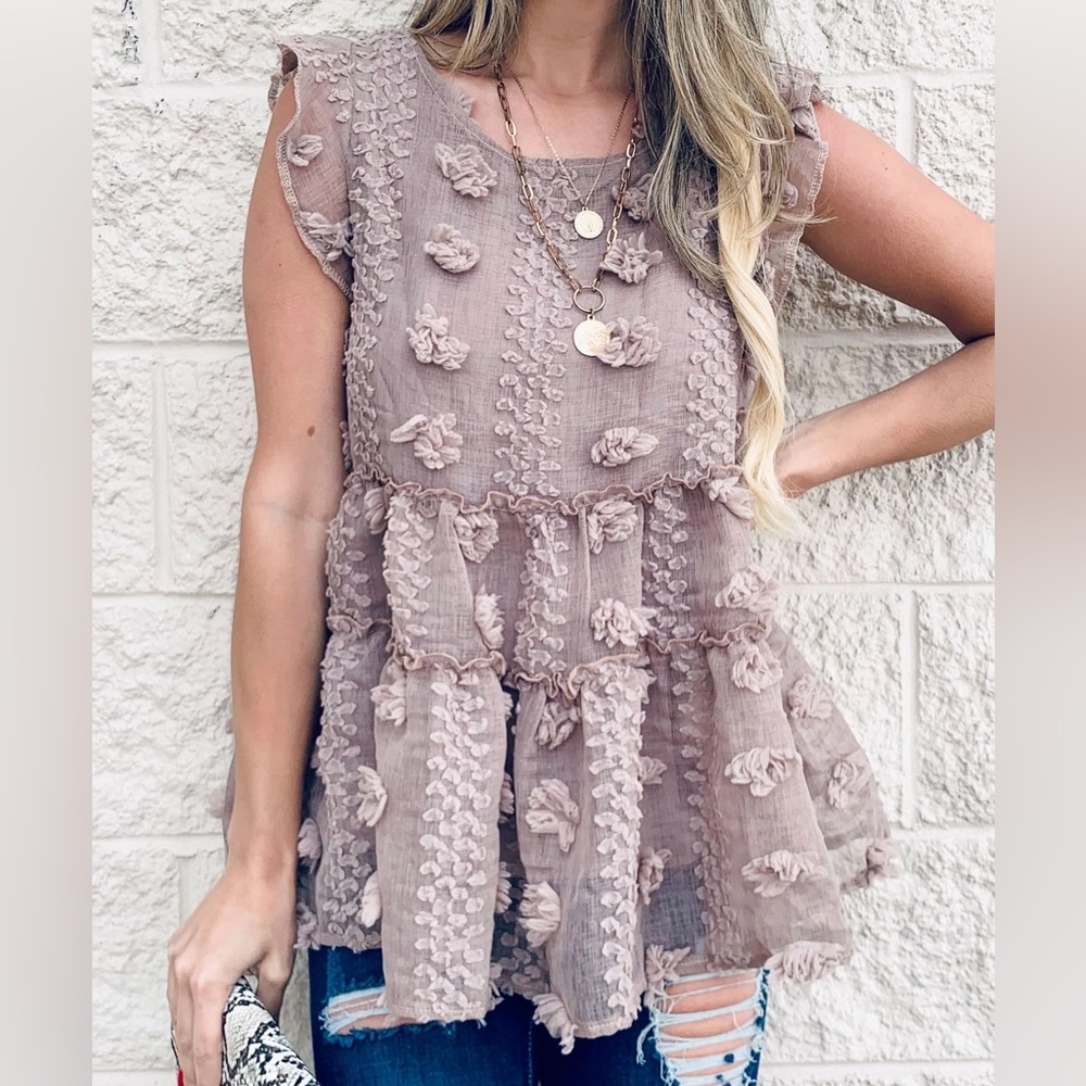 Taupe 3D Flower Fabric Ruffle Sleeve Top